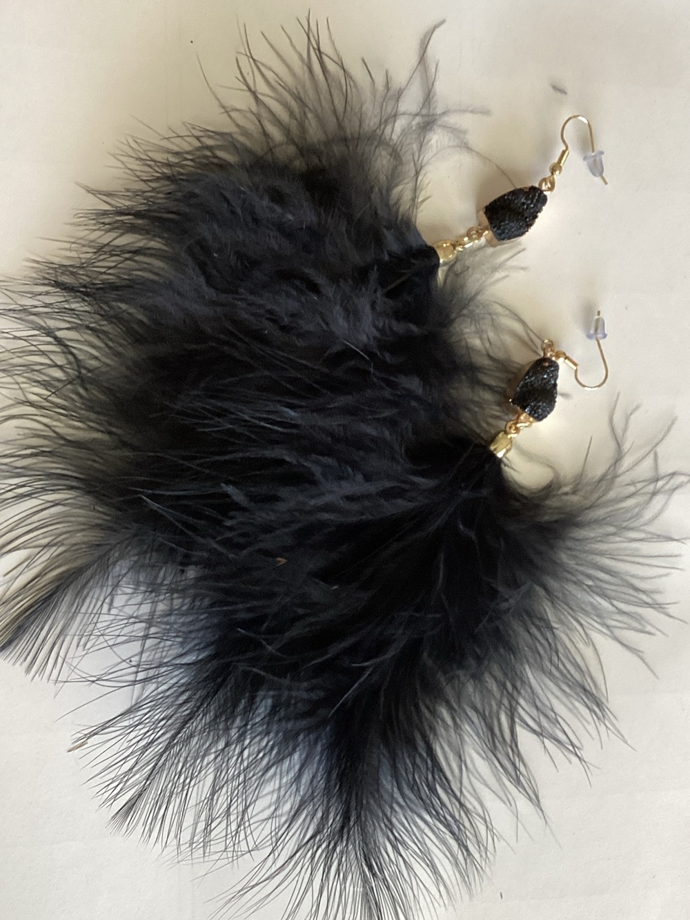 Black‎ Feather Drop Earrings with Gold Accents